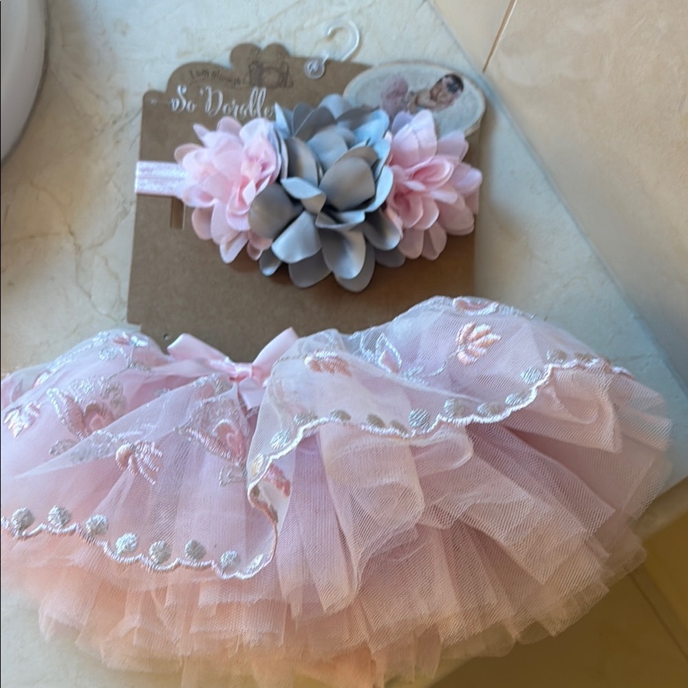 Pink and Gray Floral Headband and Tutu Set